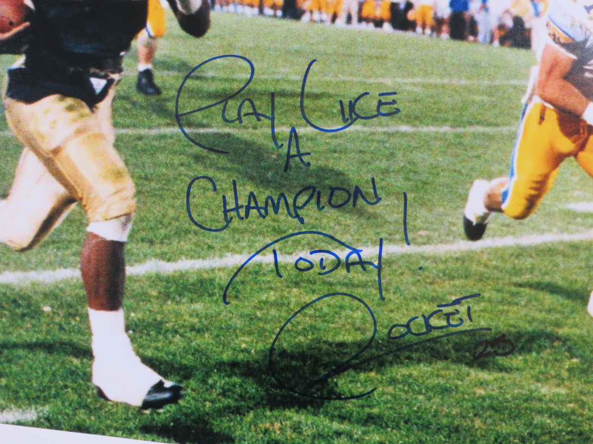 ROCKET ISMAIL NOTRE DAME SIGNED TD 16x20 w/PLAYLIKEACHAMP BAS