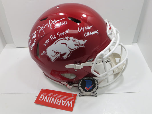JIMMY JOHNSON SIGNED ARKANSAS RAZORBACKS AUTHENTIC SPEED HELMET w/INSCs BAS