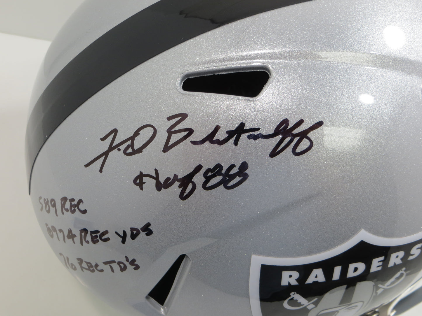 FRED BILETNIKOFF OAKLAND RAIDERS SIGNED RIDDELL FULL SIZE HELMET w/8 INSC BAS