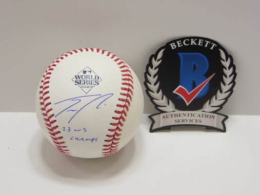 JOSH SMITH TEXAS RANGERS SIGNED OFFICIAL 2023 WORLD SERIES BASEBALL w/INSC BAS