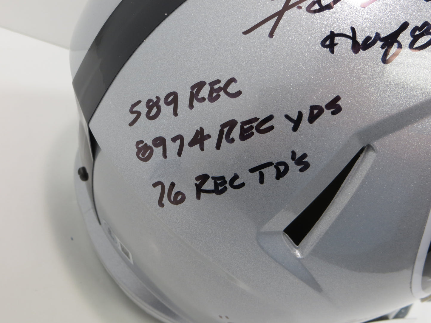 FRED BILETNIKOFF OAKLAND RAIDERS SIGNED RIDDELL FULL SIZE HELMET w/8 INSC BAS