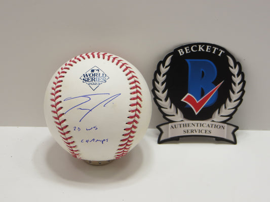 JOSH SMITH TEXAS RANGERS SIGNED OFFICIAL 2023 WORLD SERIES BASEBALL w/INSC BAS
