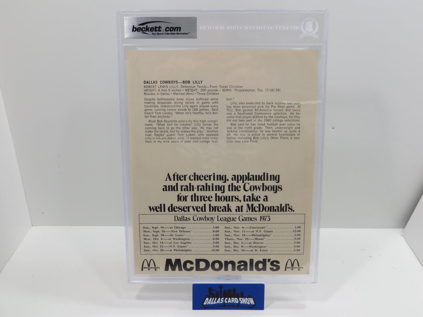 BOB LILLY SIGNED 1973 COWBOYS McDONALDs BGS BAS SLAB DALLAS COWBOYS