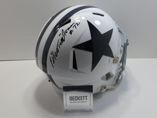 ED "TOO TALL" JONES SIGNED DALLAS COWBOYS FULL SIZE WHITE THROWBACK HELMET BAS