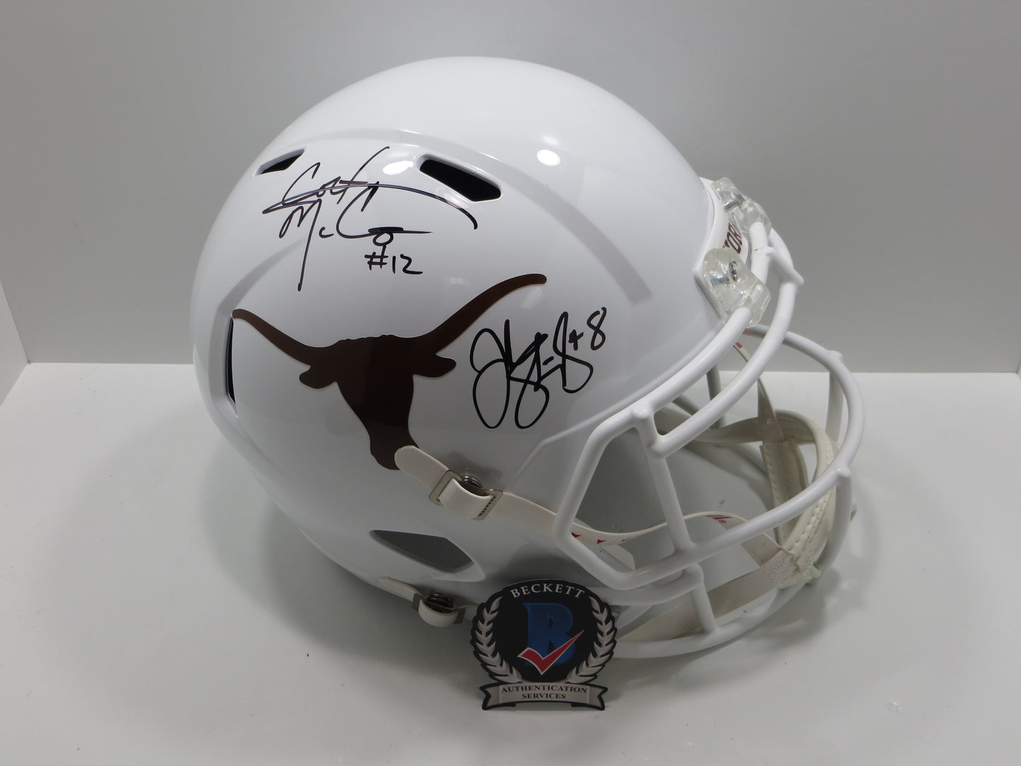 COLT McCOY JORDAN SHIPLEY SIGNED TEXAS LONGHORNS FULL SIZE HELMET BAS