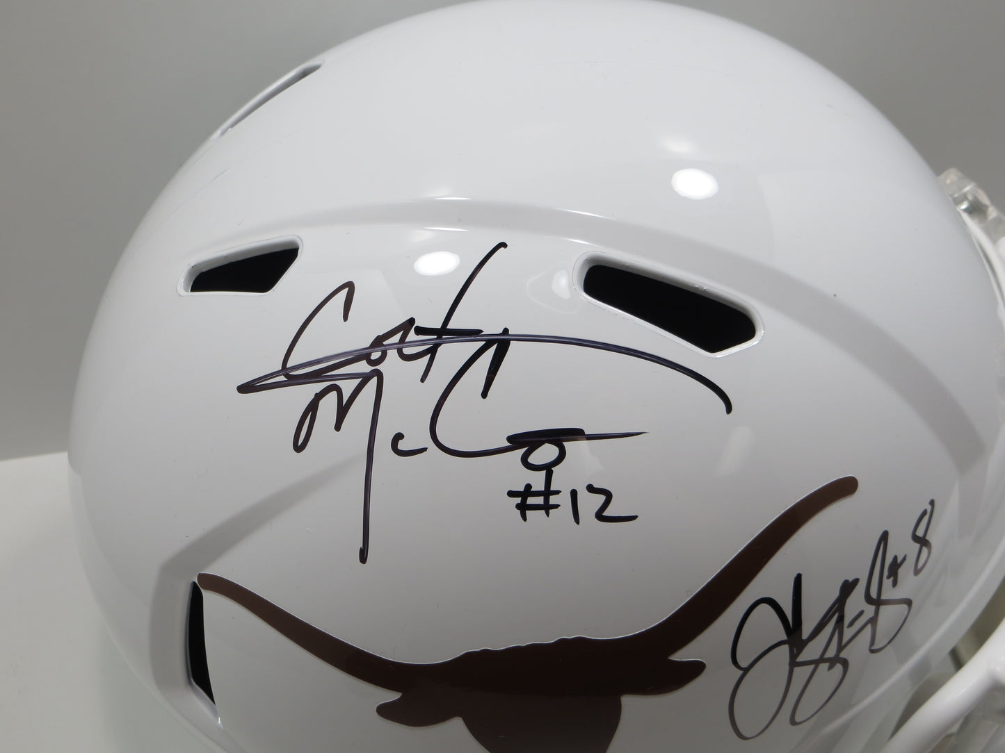 COLT McCOY JORDAN SHIPLEY SIGNED TEXAS LONGHORNS FULL SIZE HELMET BAS