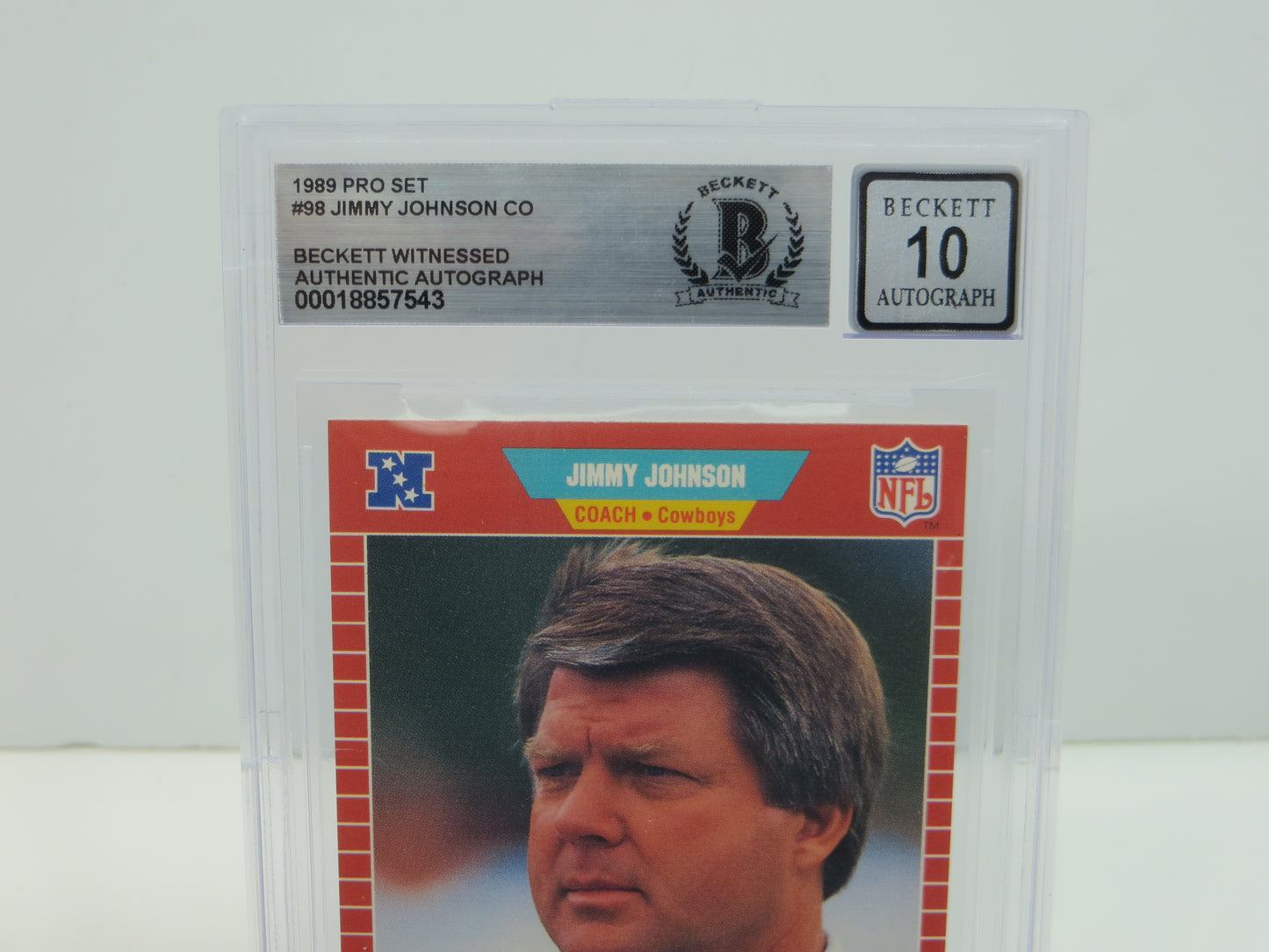 JIMMY JOHNSON DALLAS COWBOYS SIGNED 1989 PRO SET #98 BAS BGS SLAB AUTO 10