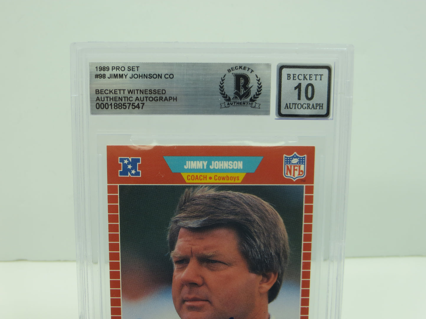 JIMMY JOHNSON DALLAS COWBOYS SIGNED 1989 PRO SET #98 BAS BGS SLAB AUTO 10