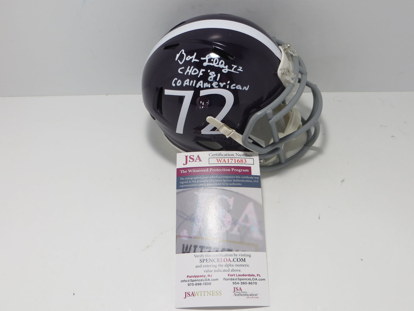 BOB LILLY SIGNED TCU HORNED FROGS #72 MINI HELMET w/MULTI INSCs JSA COA