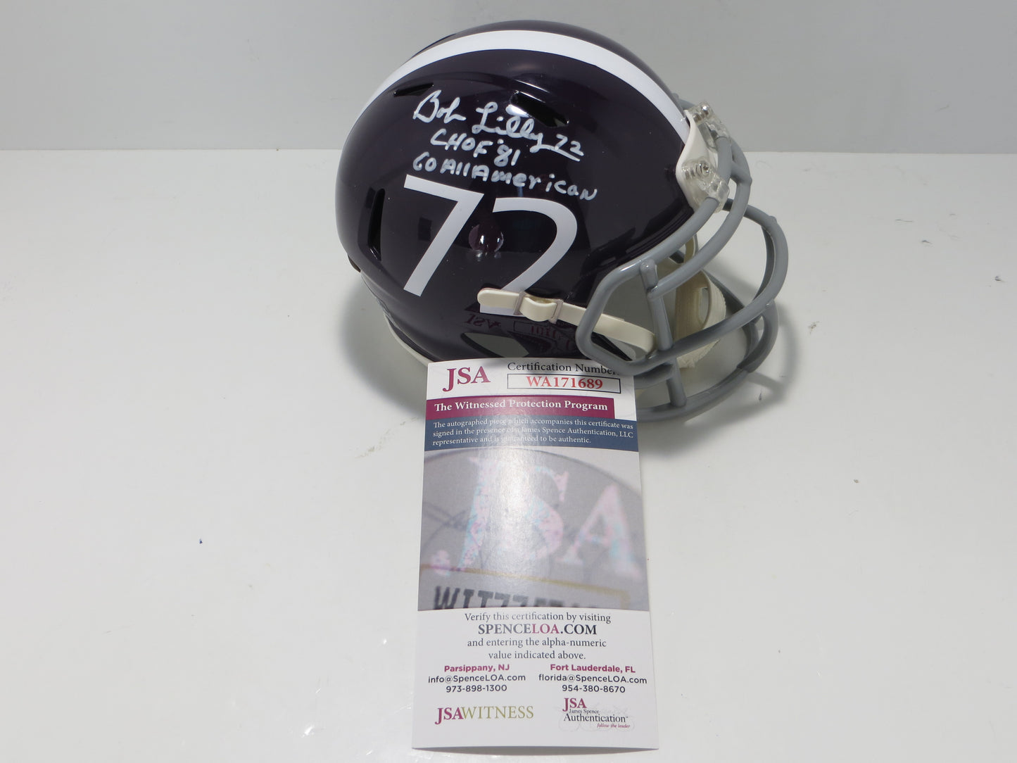 BOB LILLY SIGNED TCU HORNED FROGS #72 MINI HELMET w/MULTI INSCs JSA COA