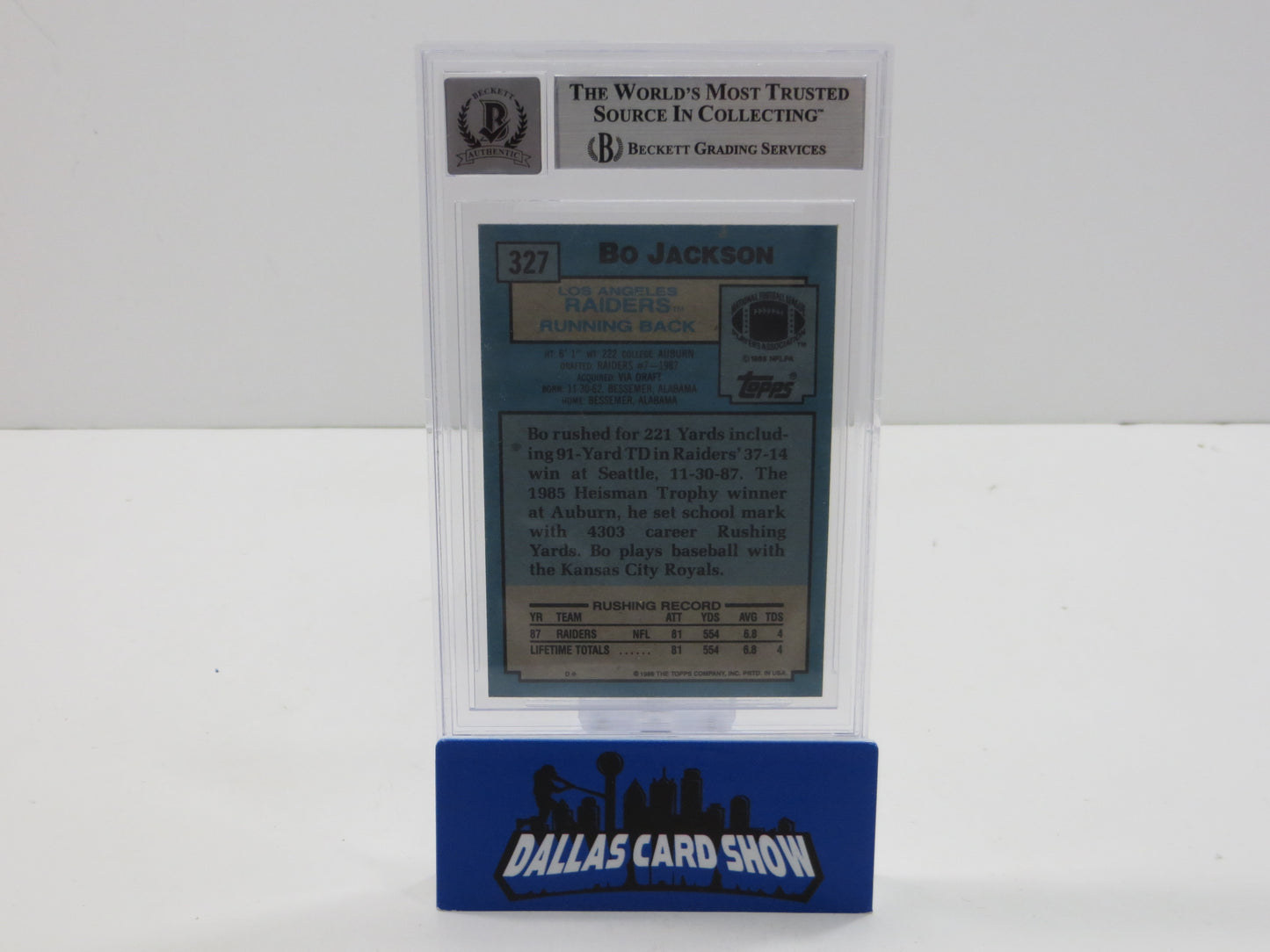 BO JACKSON SIGNED 1988 TOPPS #327 RAIDERS AUBURN BGS BAS SLAB AUTO 10