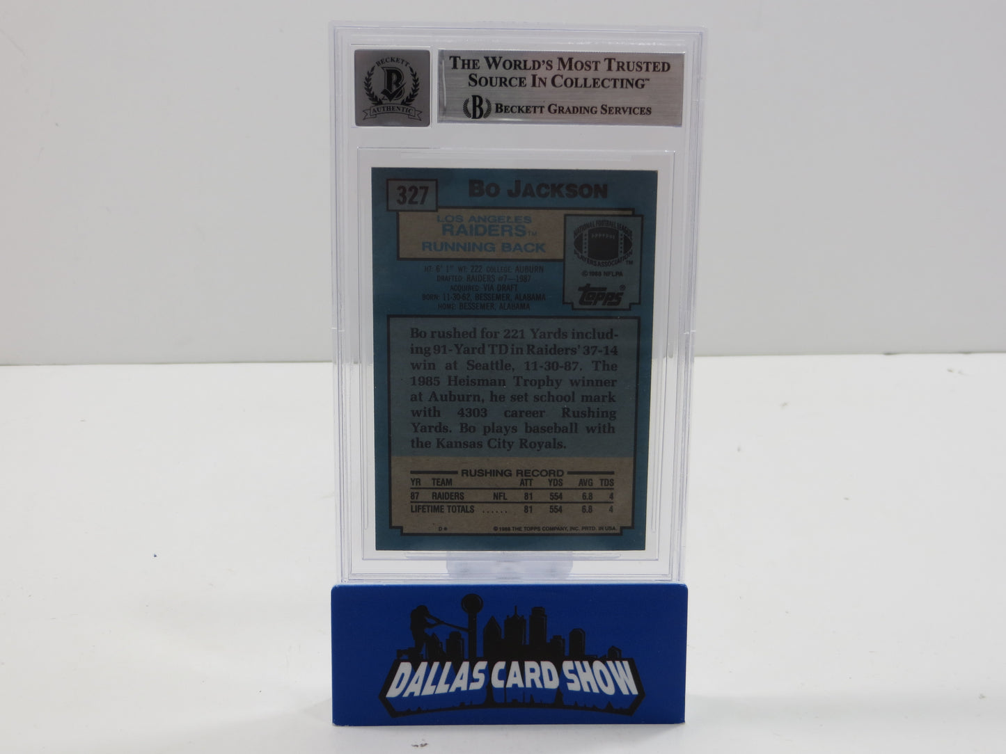 BO JACKSON SIGNED 1988 TOPPS #327 RAIDERS AUBURN BGS BAS SLAB AUTO 10