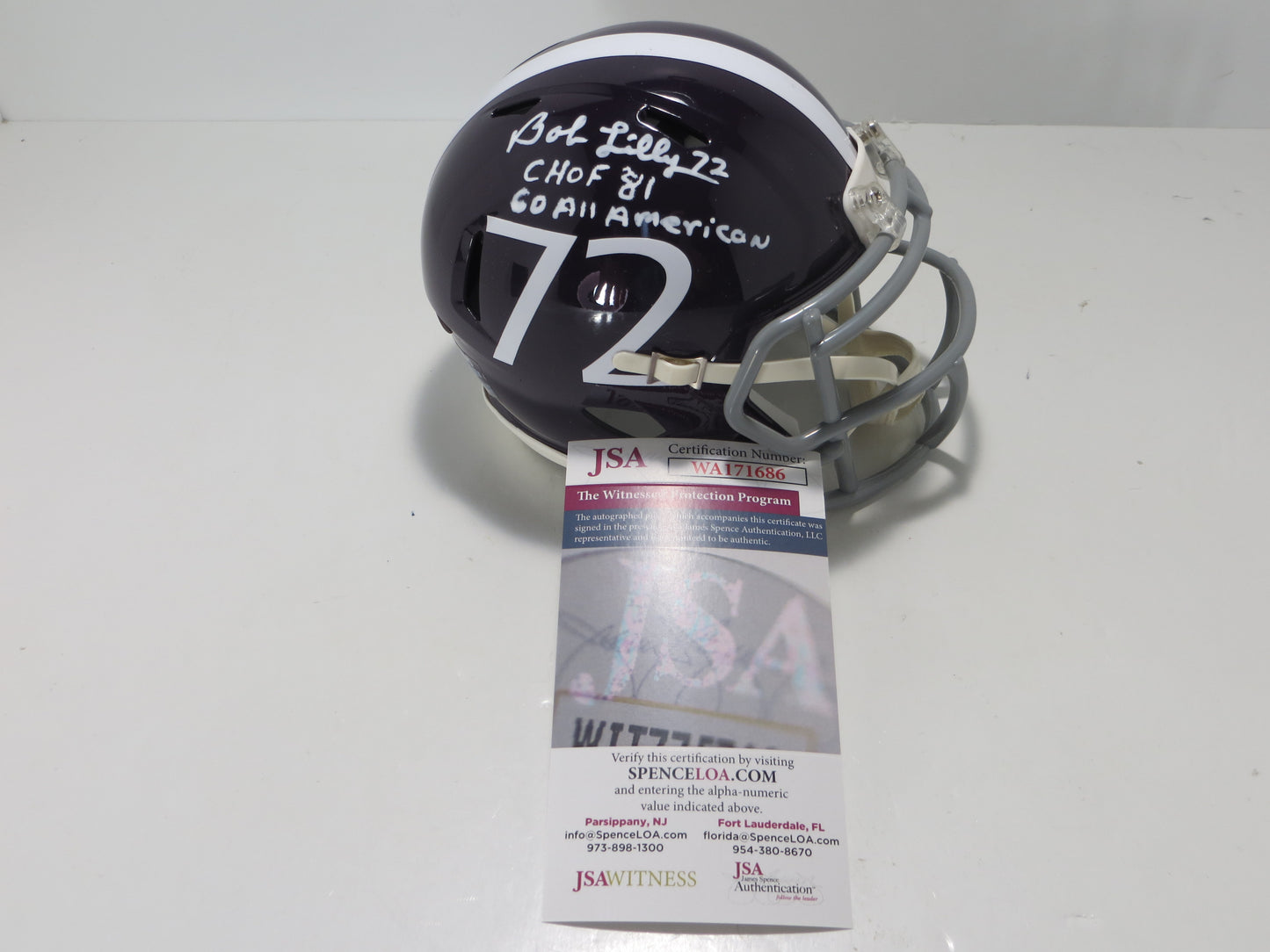 BOB LILLY SIGNED TCU HORNED FROGS #72 MINI HELMET w/MULTI INSCs JSA COA