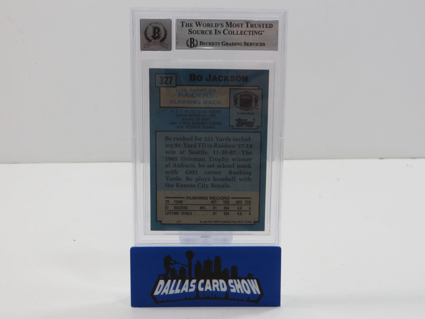 BO JACKSON SIGNED 1988 TOPPS #327 RAIDERS AUBURN BGS BAS SLAB AUTO 10