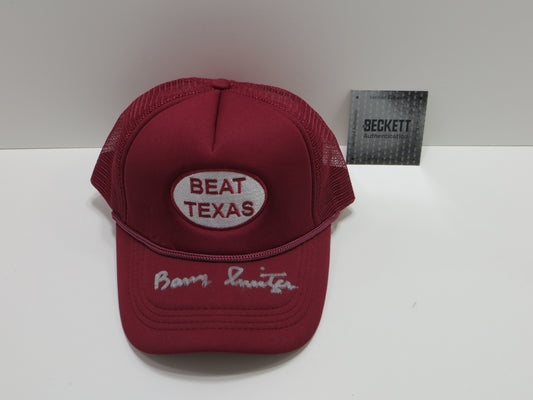 BARRY SWITZER OKLAHOMA OU SOONERS SIGNED ICONIC BEAT TEXAS HAT BAS COA