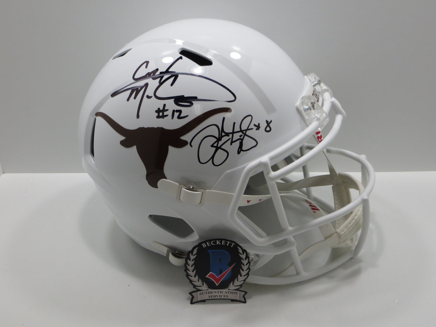 COLT McCOY JORDAN SHIPLEY SIGNED TEXAS LONGHORNS FULL SIZE HELMET BAS