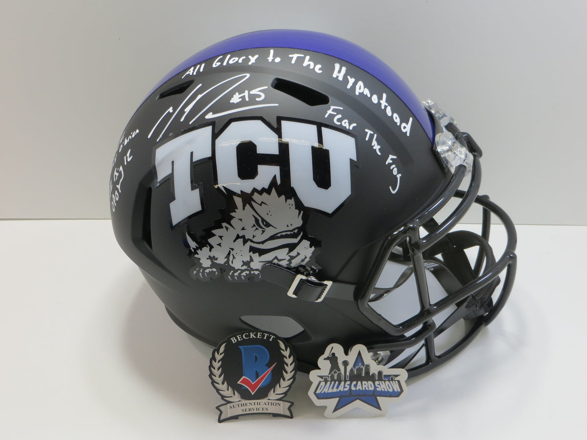 MAX DUGGAN TCU HORNED FROGS SIGNED Black STAT Full SIZE HELMET BAS