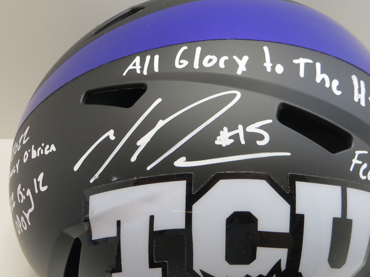 MAX DUGGAN TCU HORNED FROGS SIGNED Black STAT Full SIZE HELMET BAS
