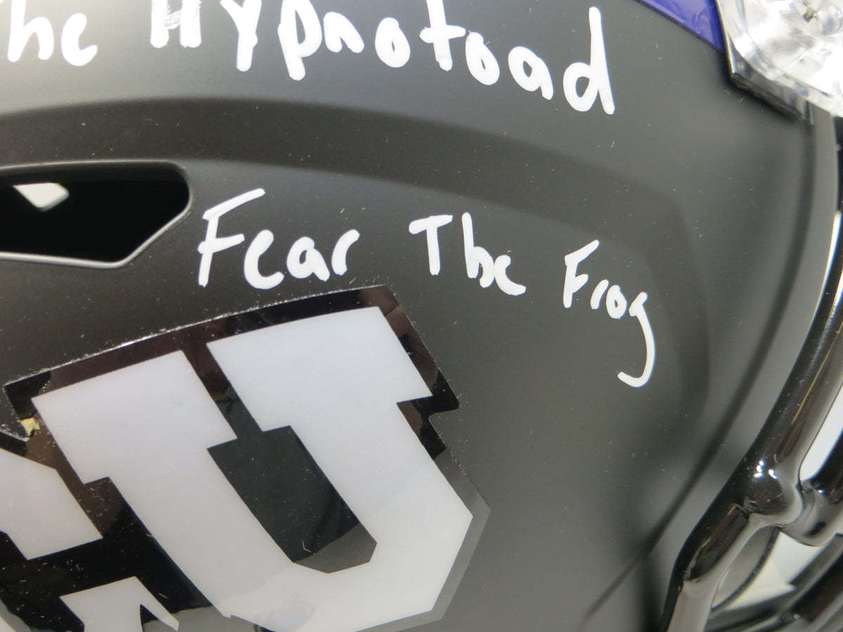 MAX DUGGAN TCU HORNED FROGS SIGNED Black STAT Full SIZE HELMET BAS