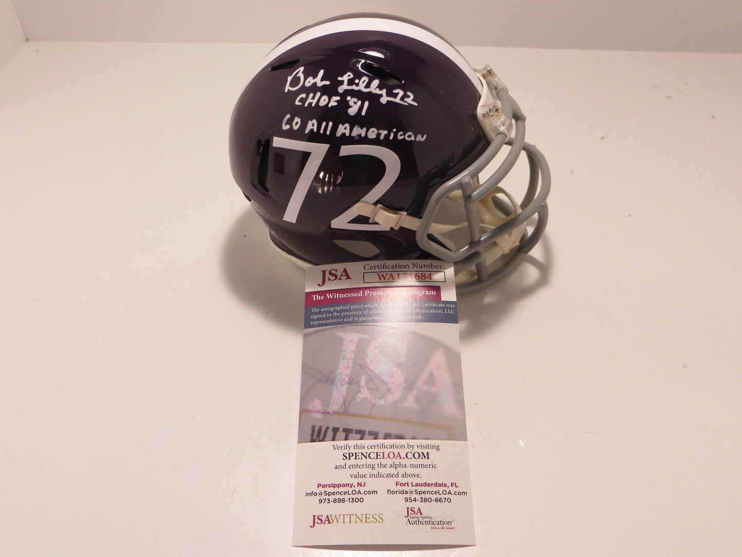 BOB LILLY SIGNED TCU HORNED FROGS #72 MINI HELMET w/MULTI INSCs JSA COA