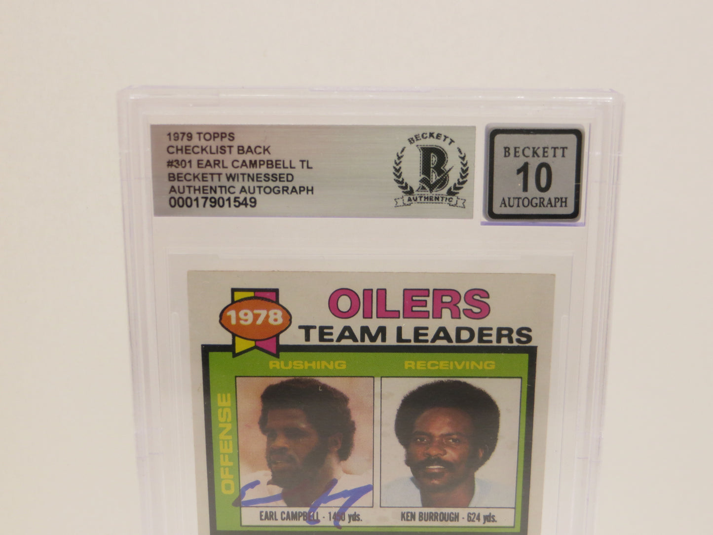 1979 TOPPS CHECKLIST BACK #301 EARL CAMPBELL BGS 10 AUTO