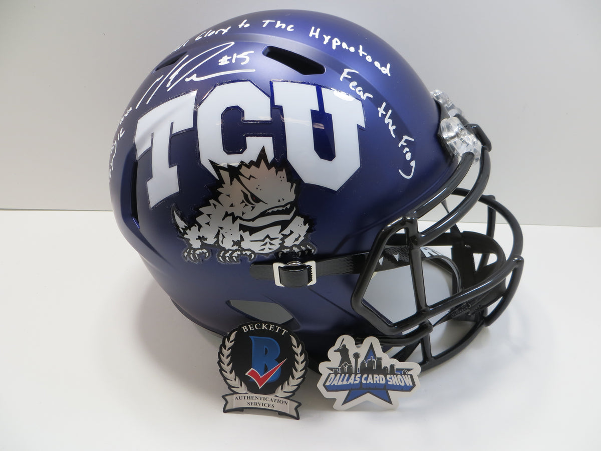 MAX DUGGAN TCU HORNED FROGS SIGNED Purple STAT Full SIZE HELMET BAS