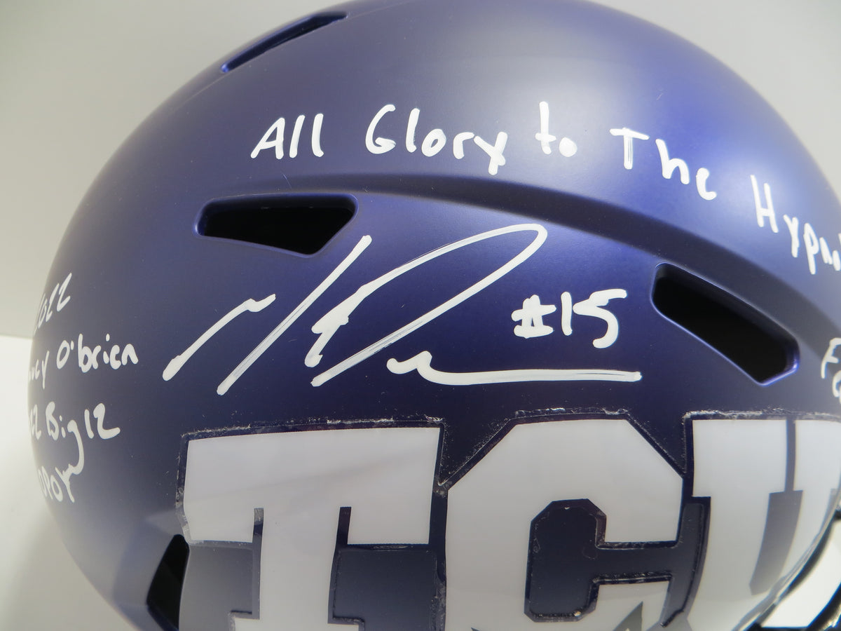 MAX DUGGAN TCU HORNED FROGS SIGNED Purple STAT Full SIZE HELMET BAS