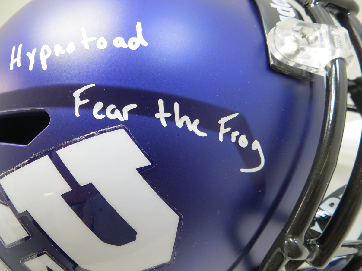 MAX DUGGAN TCU HORNED FROGS SIGNED Purple STAT Full SIZE HELMET BAS