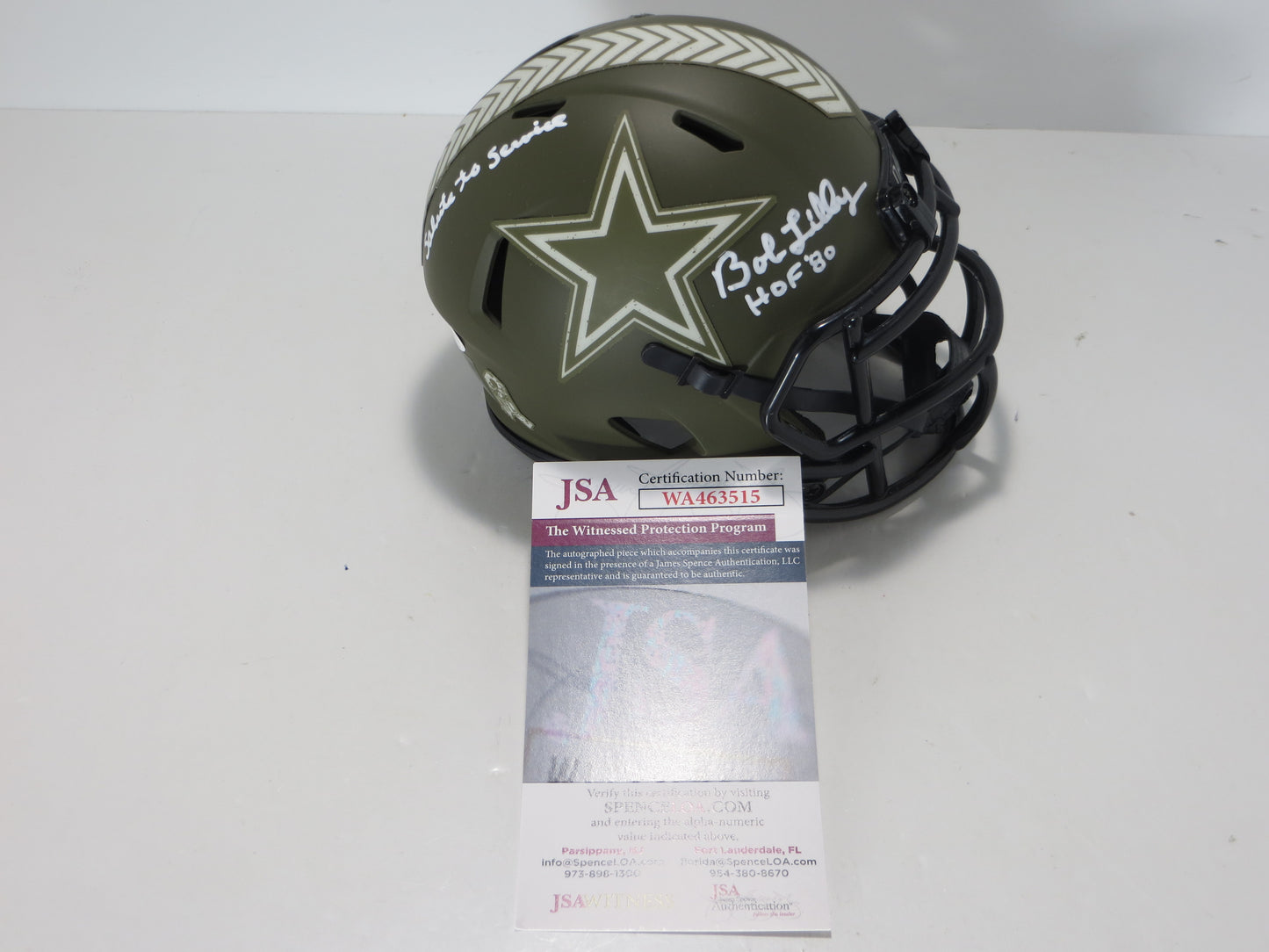 BOB LILLY SIGNED DALLAS COWBOYS MINI Salute to Service HELMET w/INSCs JSA