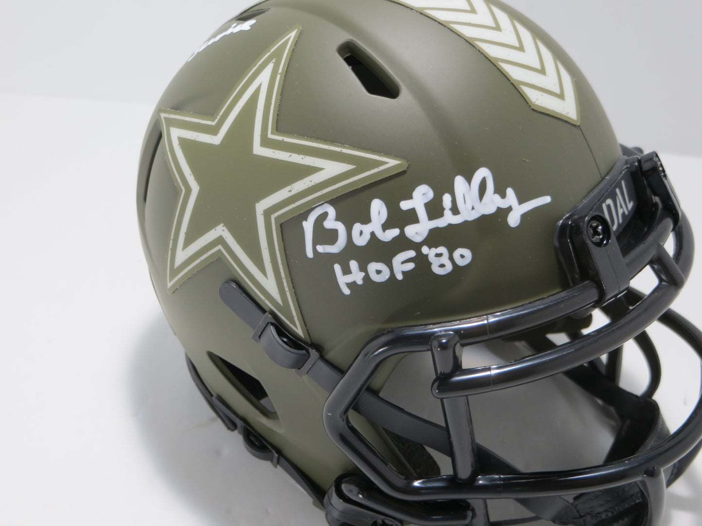 BOB LILLY SIGNED DALLAS COWBOYS MINI Salute to Service HELMET w/INSCs JSA
