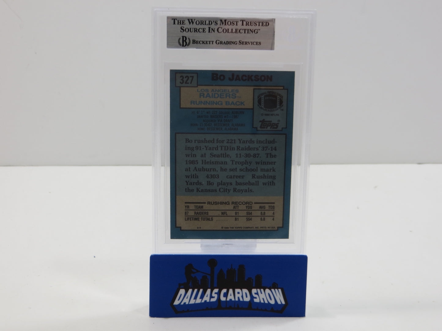 BO JACKSON SIGNED 1988 TOPPS #327 RAIDERS AUBURN ROYALS BGS BAS SLAB