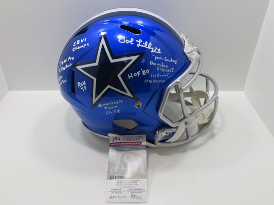BOB LILLY SIGNED DALLAS COWBOYS RIDDELL FULL SIZE Flash HELMET wFULLSTATS JSA