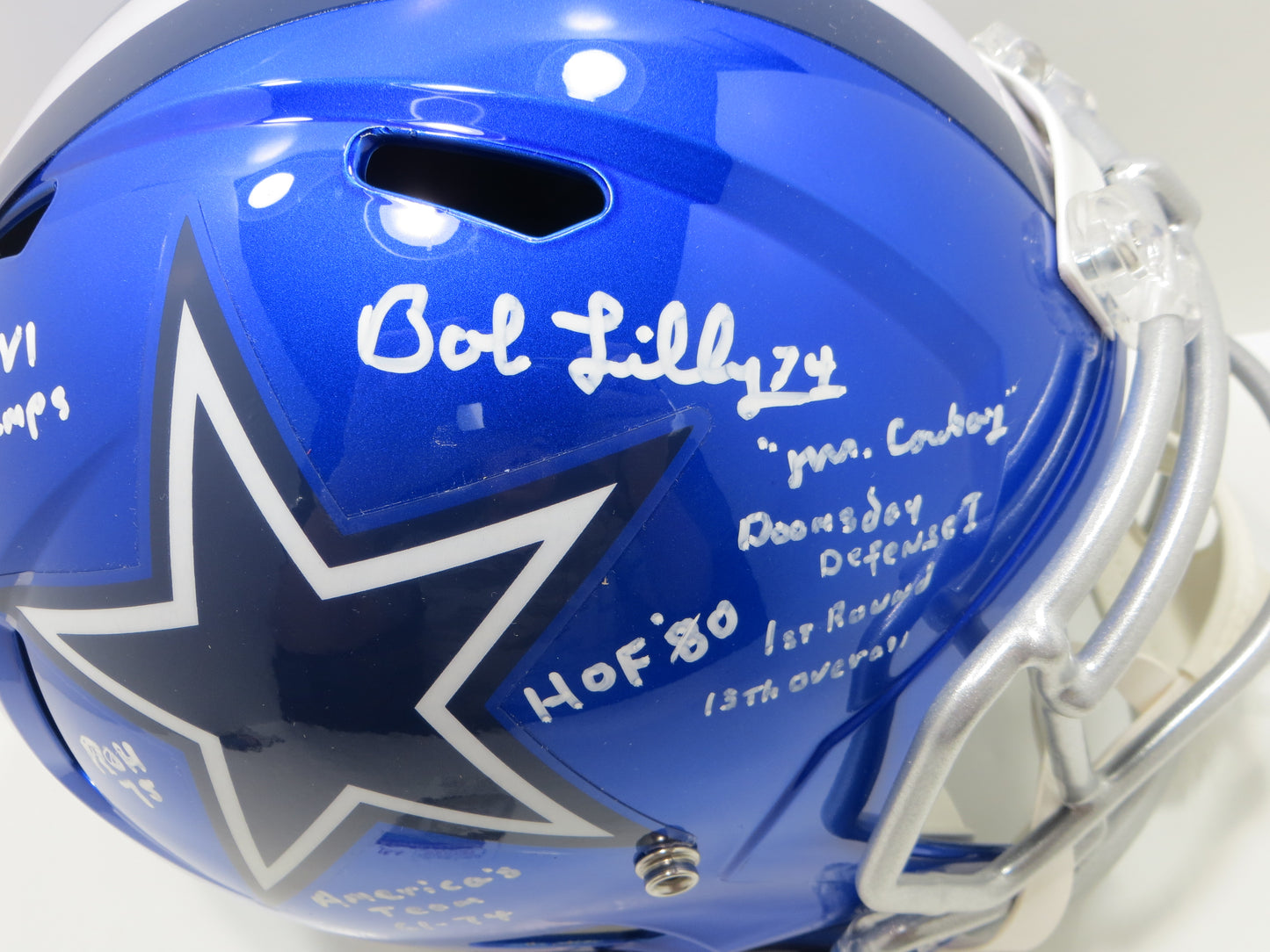 BOB LILLY SIGNED DALLAS COWBOYS RIDDELL FULL SIZE Flash HELMET wFULLSTATS JSA