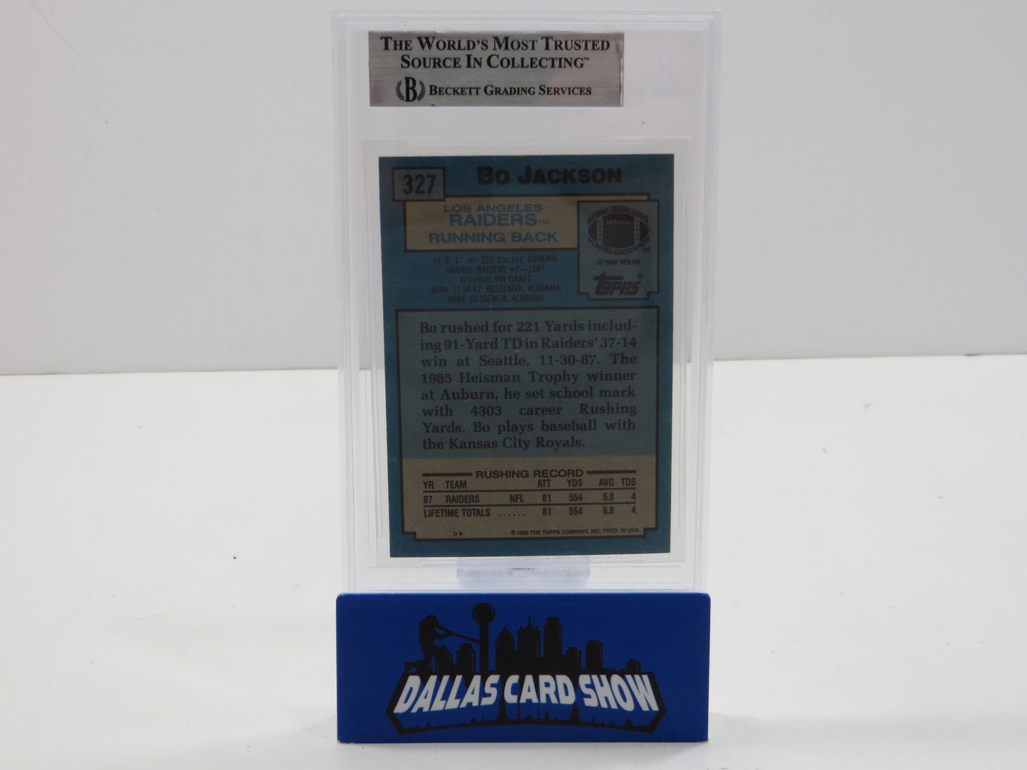 BO JACKSON SIGNED 1988 TOPPS #327 RAIDERS AUBURN ROYALS BGS BAS SLAB