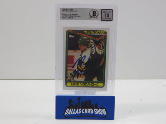 MIKE MODANO SIGNED 1990-91 Topps #348 BAS BGS SLAB AUTO 10