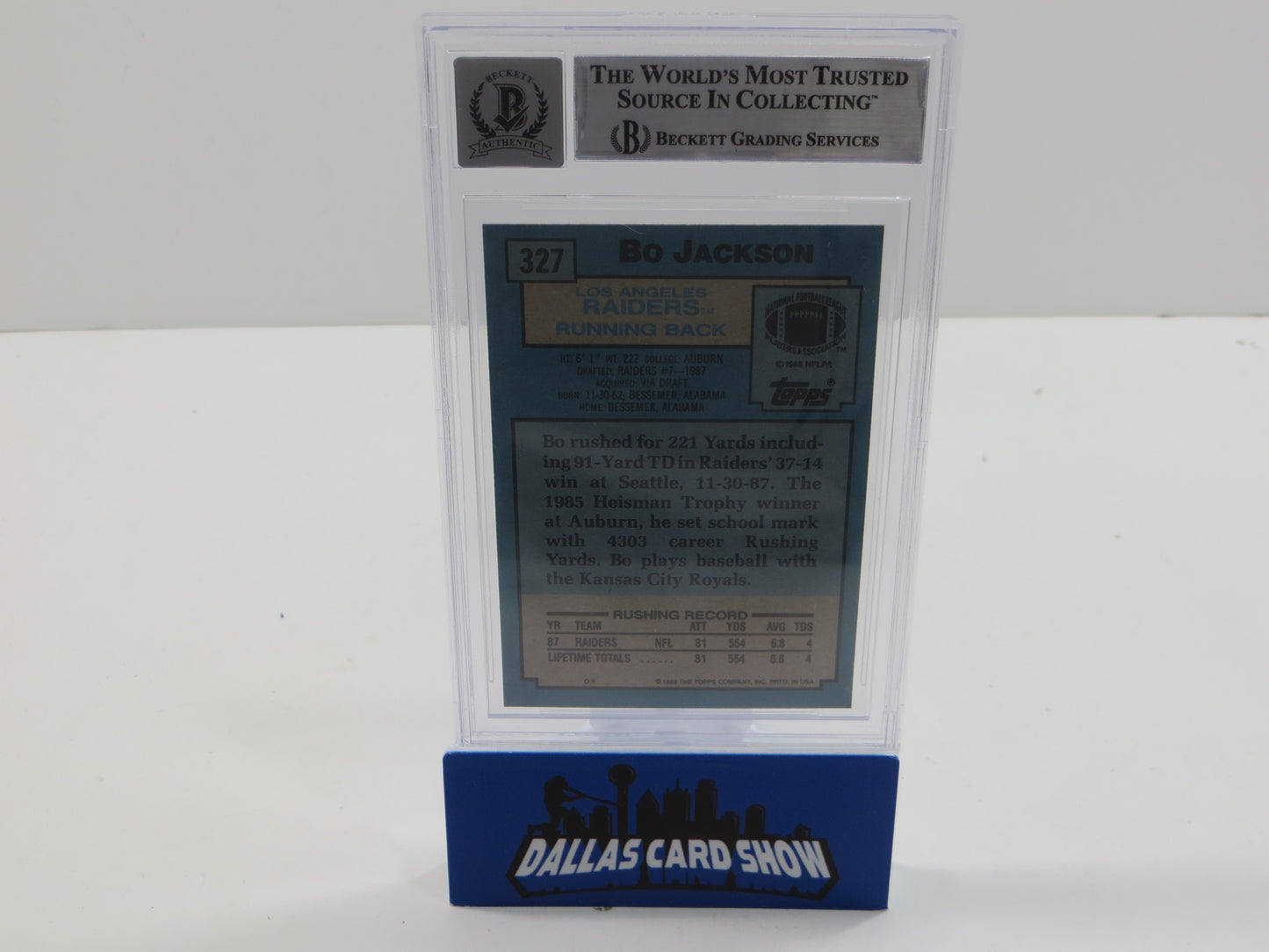 BO JACKSON SIGNED 1988 TOPPS #327 RAIDERS AUBURN BGS BAS SLAB AUTO 10