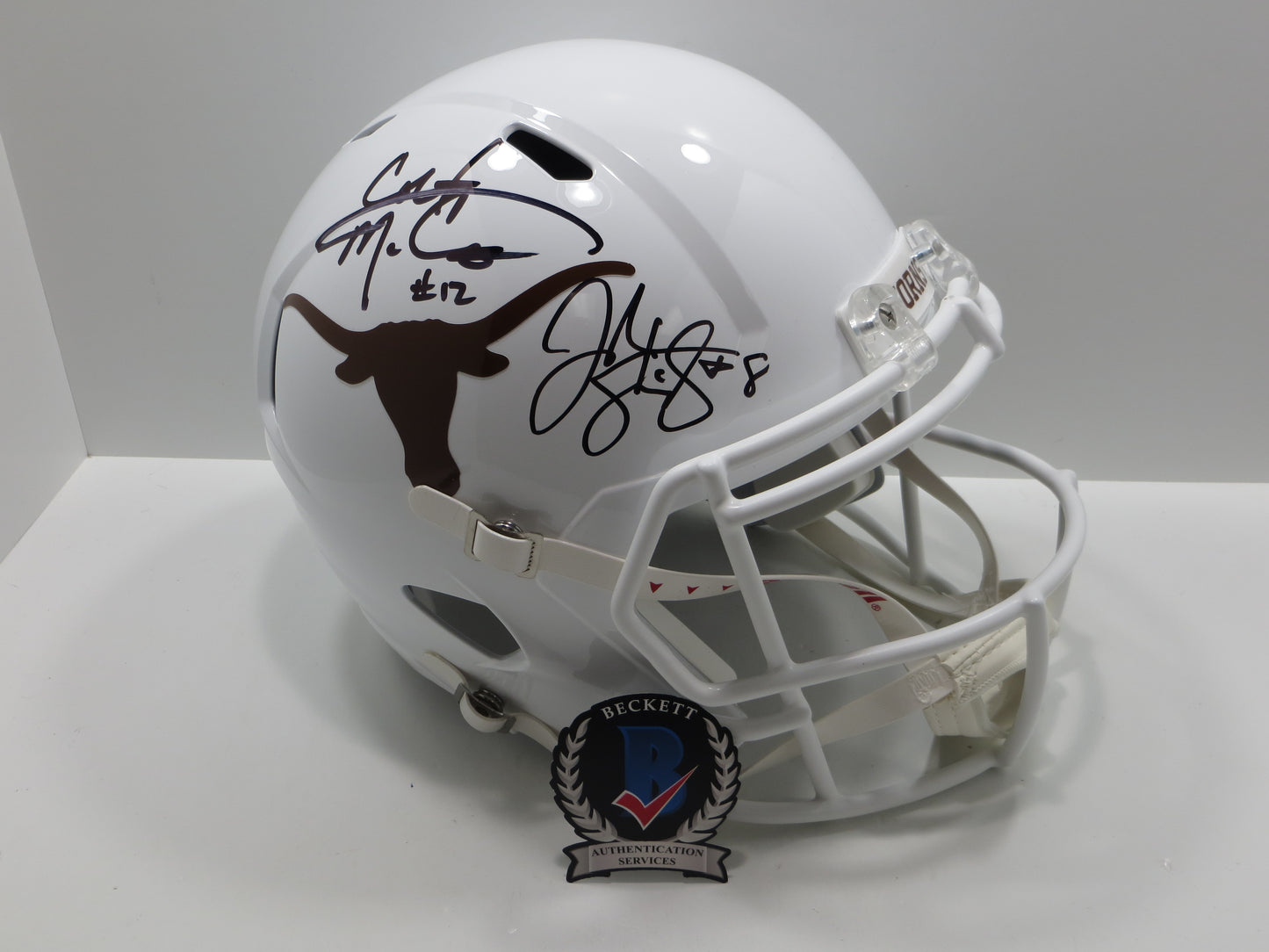 COLT McCOY JORDAN SHIPLEY SIGNED TEXAS LONGHORNS FULL SIZE HELMET BAS