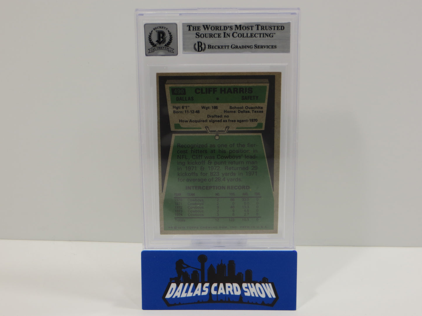 CLIFF HARRIS SIGNED 1975 TOPPS #490 DALLAS COWBOYS BGS BAS SLAB AUTO 10