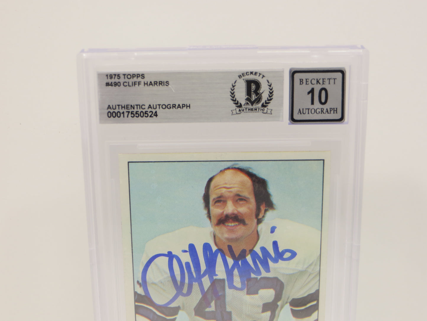 CLIFF HARRIS SIGNED 1975 TOPPS #490 DALLAS COWBOYS BGS BAS SLAB AUTO 10