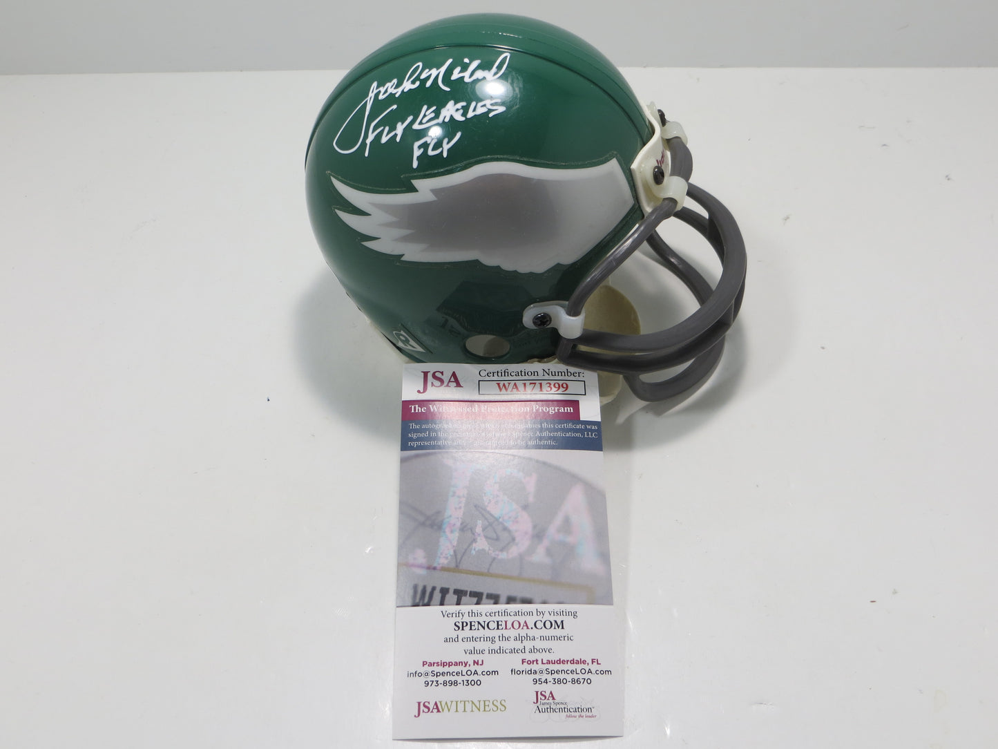 JOHN NILAND PHILADELPHIA EAGLES SIGNED RIDDELL MINI HELMET w/FLYEAGLESFLY JSA