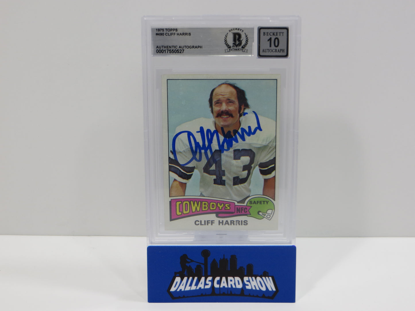 CLIFF HARRIS SIGNED 1975 TOPPS #490 DALLAS COWBOYS BGS BAS SLAB AUTO 10