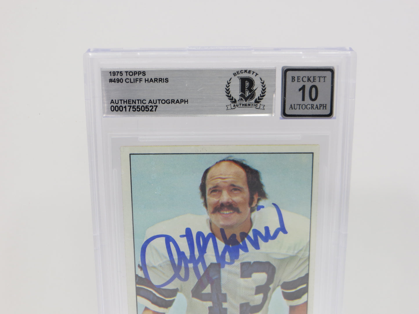 CLIFF HARRIS SIGNED 1975 TOPPS #490 DALLAS COWBOYS BGS BAS SLAB AUTO 10