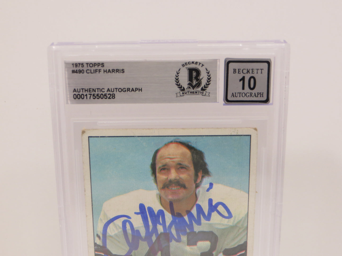 CLIFF HARRIS SIGNED 1975 TOPPS #490 DALLAS COWBOYS BGS BAS SLAB AUTO 10
