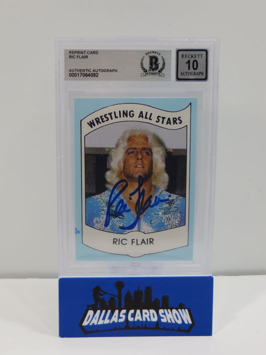 RIC FLAIR SIGNED 1982 Wrestling All Stars REPRINT Card BGS BAS SLAB AUTO 10