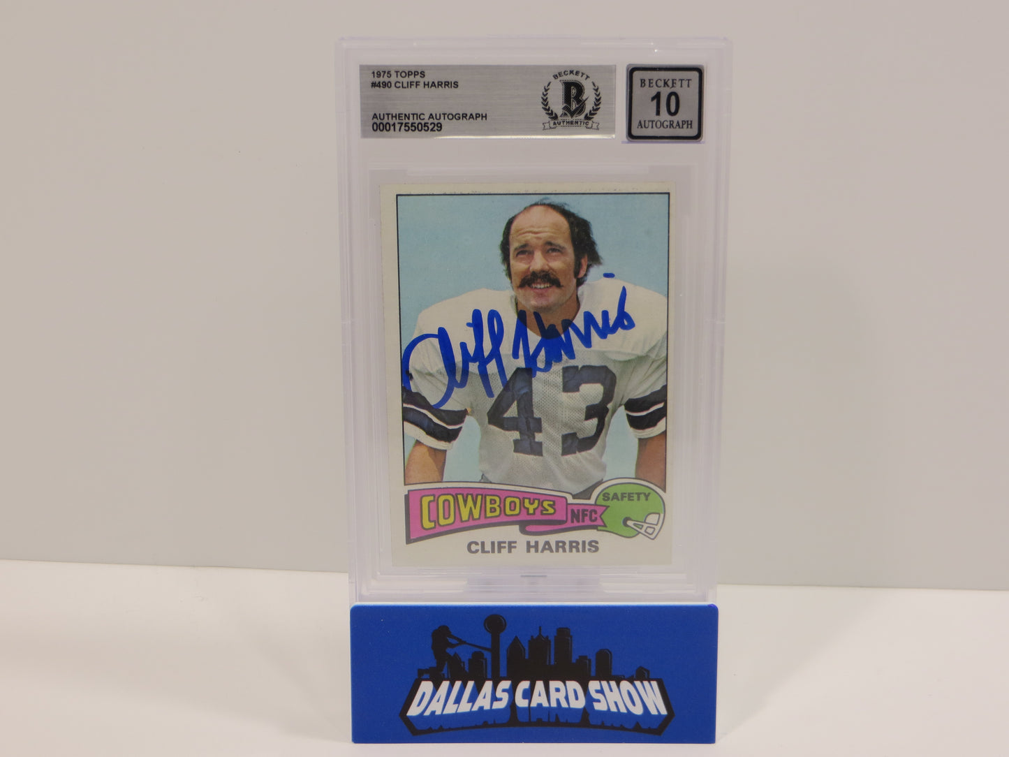 CLIFF HARRIS SIGNED 1975 TOPPS #490 DALLAS COWBOYS BGS BAS SLAB AUTO 10