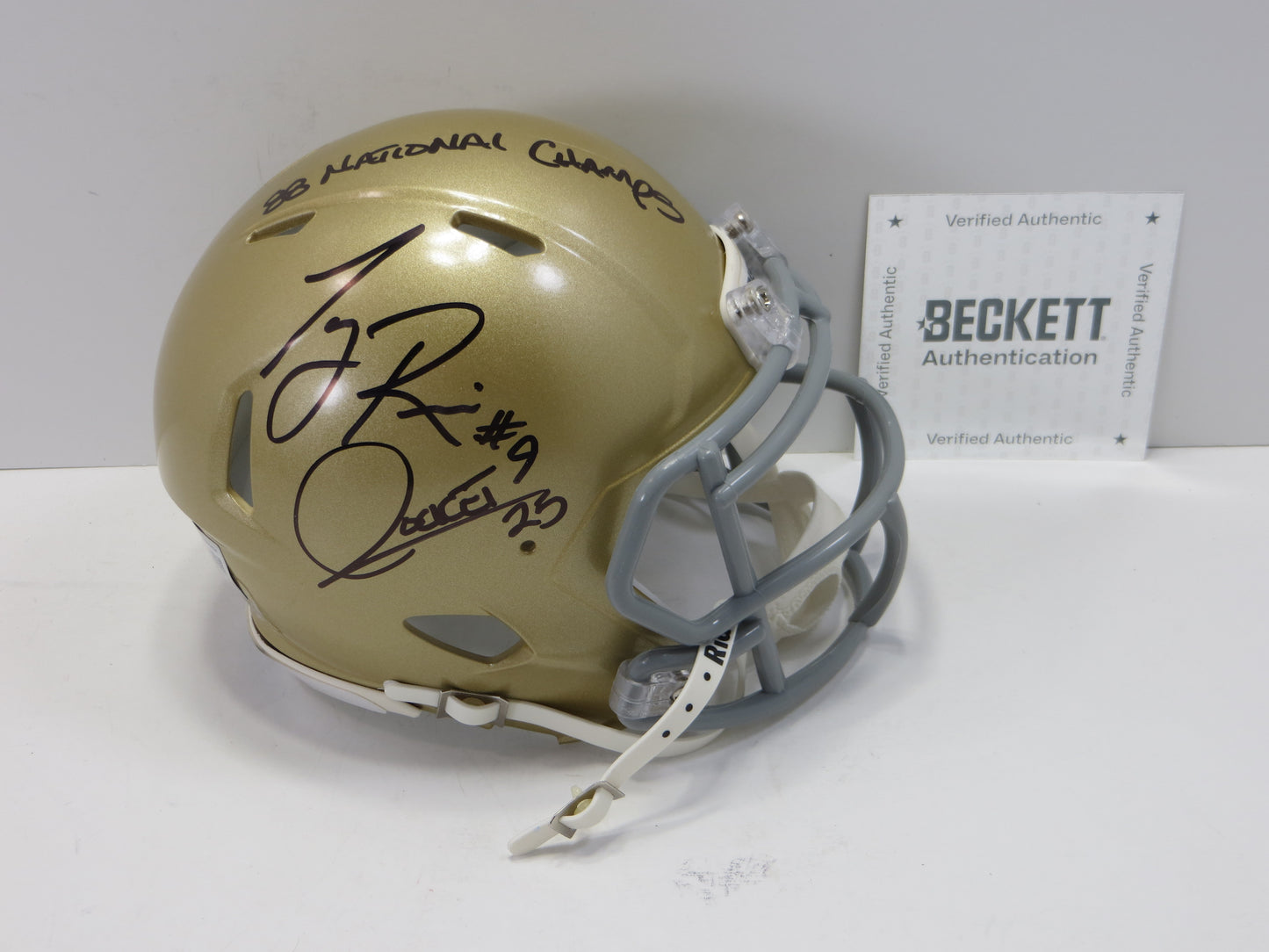 ROCKET ISMAIL TONY RICE SIGNED NOTRE DAME ND MINI HELMET w/88 Champs BAS