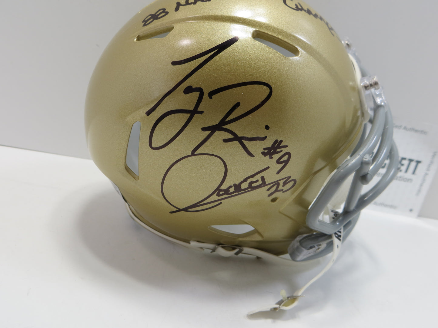 ROCKET ISMAIL TONY RICE SIGNED NOTRE DAME ND MINI HELMET w/88 Champs BAS
