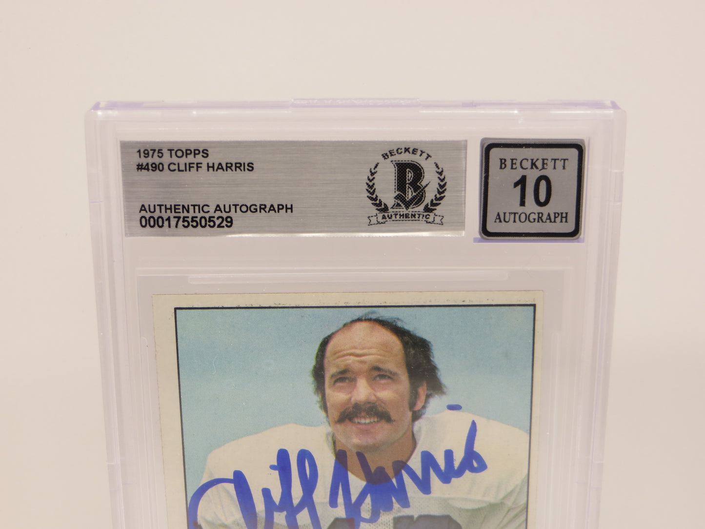 CLIFF HARRIS SIGNED 1975 TOPPS #490 DALLAS COWBOYS BGS BAS SLAB AUTO 10