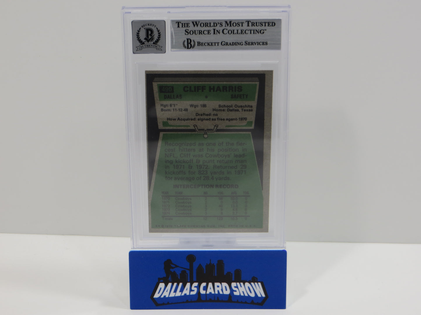 CLIFF HARRIS SIGNED 1975 TOPPS #490 DALLAS COWBOYS BGS BAS SLAB AUTO 10