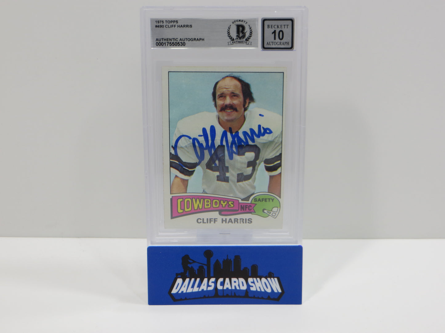 CLIFF HARRIS SIGNED 1975 TOPPS #490 DALLAS COWBOYS BGS BAS SLAB AUTO 10